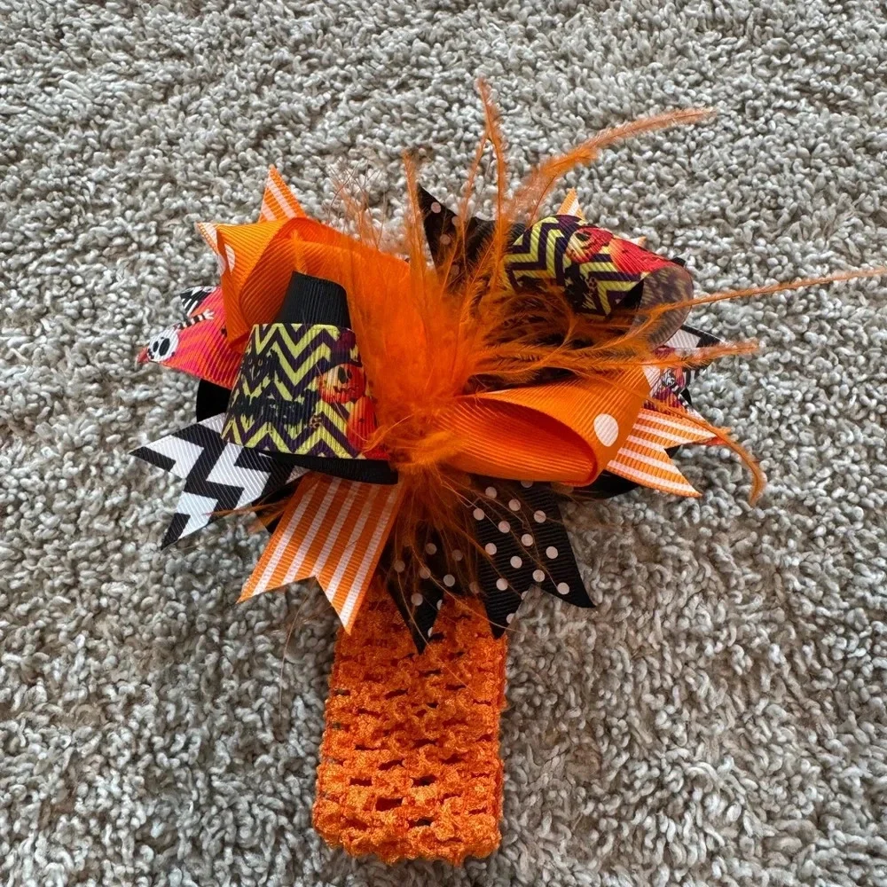 Baby girls halloween headband Orange and Black Hair Bow with Feathers festive
